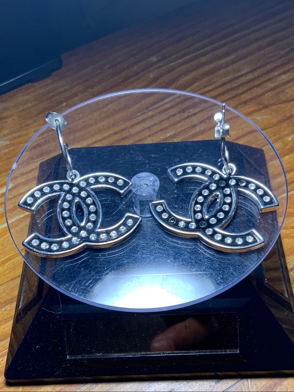 Silver-Tone Interlocking Logo Drop Earrings with Crystal Accents